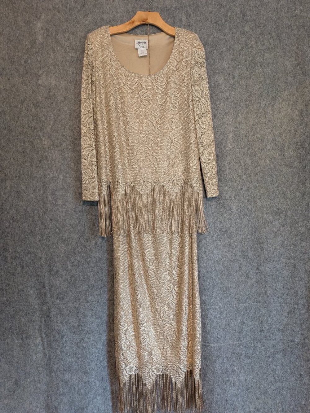 VTG Jeffrey & Dara Evenings 2pc Set Champagne Metallic Knit Fringe Hem Sz 6
